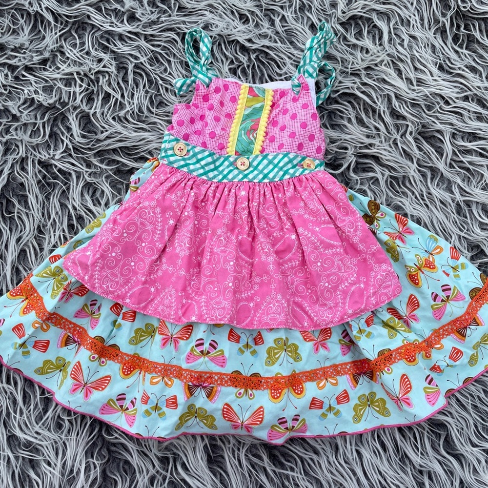 OLIVE MAE Apron Dress Size 2T Butterfly Knot Dress HandMade In USA.